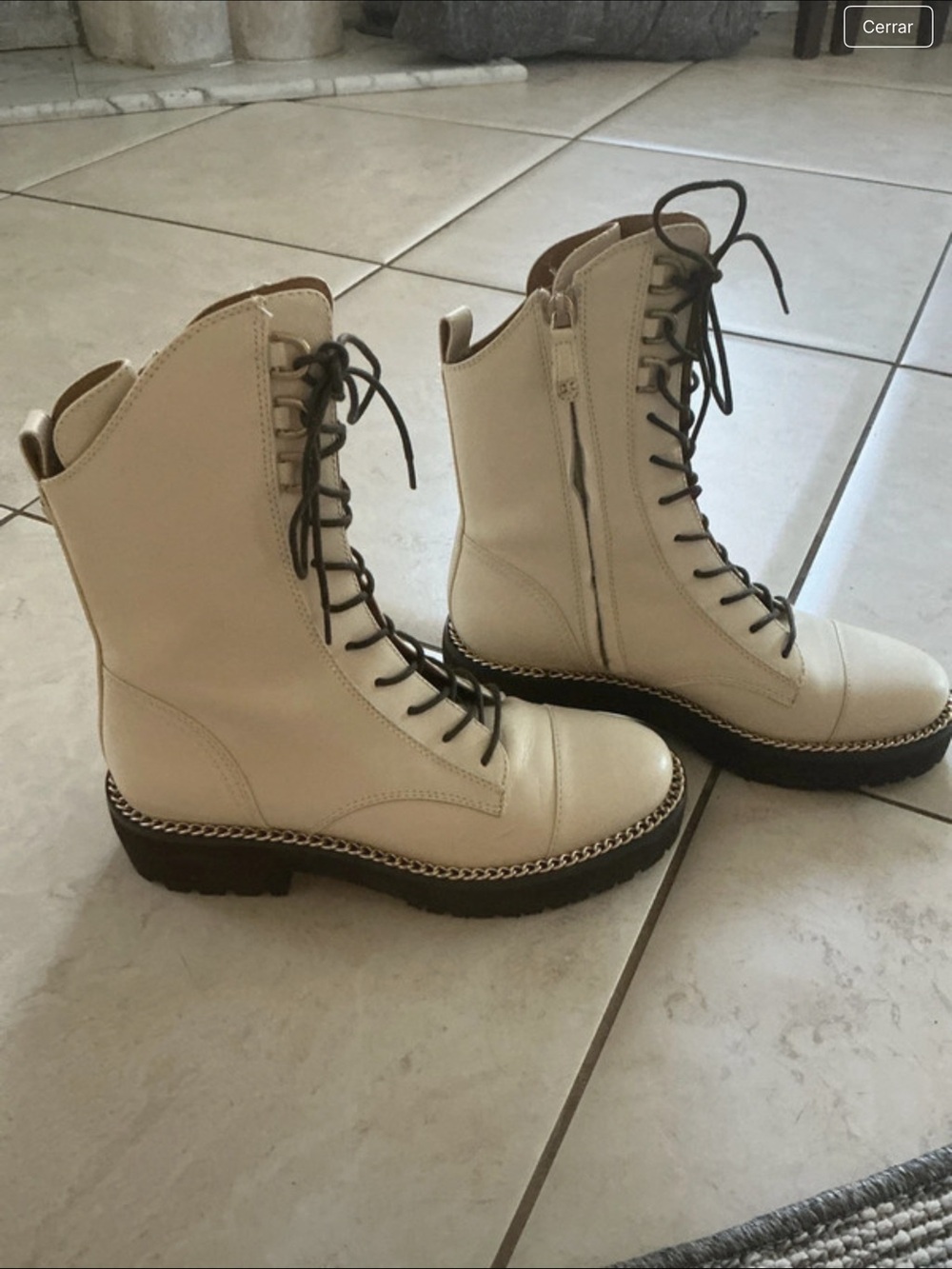 Sam Edelman Cream Lace-Up Combat Boots with Chain Trim